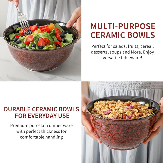 Hasense Mixing Bowls Set of 3, Procelain Serving Bowls Set for Cooking, Baking, Large Nesting Bowls for Salads, Fruit, 2.1/1.5/1.0 Qt, Dishwasher & Microwave Safe, Red - Image 3
