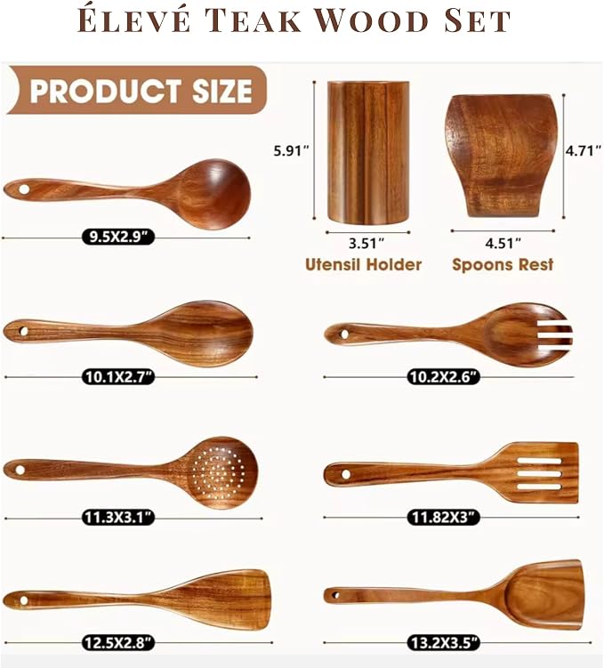9 Piece Teak Wooden Spoons, Spatula & Ladle Set, Non-Stick Safe, Food Grade | Set of 7 Versatile Wood Spatula for Cooking & Serving, Includes Utensil Holder & Spoon Rest, Modern Kitchen Utensils & Tools - Image 3