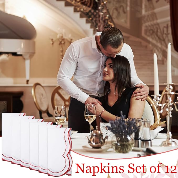 Hahafelt Cloth Napkins 18x18inches Scalloped Embroidery Cloth Napkins Washable Polyester Table Dinner for Hotel Restaurant Weddings Events Parties (Red,12 Set) - Image 7
