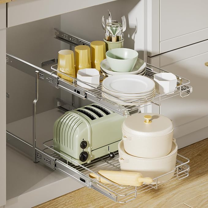 Delamu Pull Out Cabinet Organizer 2-Tier 14" W x 21" D Heavy Duty Chrome-Plated Slide Out Drawers, Kitchen Drawer Organizer Pull Out Shelves for Pots & Pans, Home Pantry Cans & Spices, Silver - Image 6