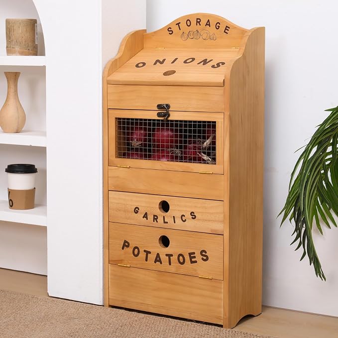 Potato Bin Veggie Organizer Rustic Pine Wood Potato, Onion & Garlic Storage Bin | Kitchen Organizer | Solid Wood Veggie Box | Compact Kitchen Box (13.77" L x 7.1" W x 29.3" H) - Image 8