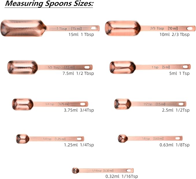 Measuring Cups and Spoons Set, Copper Plated Measuring Cups Spoons, Stainless Steel 7 Measuring cups and 9 Measuring Spoons 1 Leveler for Baking and Kitchen, Metal Copper Measure Cups&Spoons - Image 6