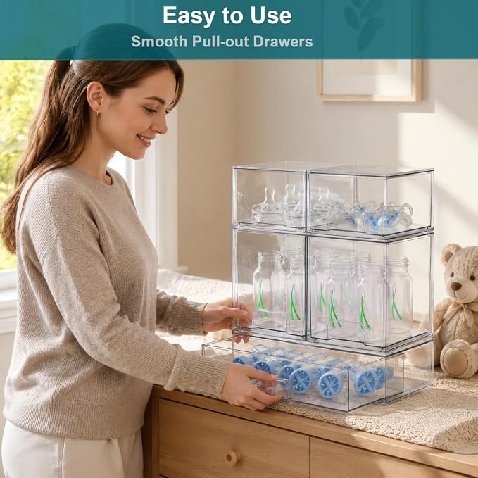 Baby Bottle Organizer for Countertop Food-grade Acrylic Storage for Cabinet | Set of 5 Clear Stackable Organizers with Drawers for Bottles, Plastic Baby Station Organization for Pacifiers, Pump Parts - Image 3