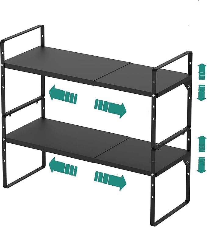 SUZLON Expandable Cabinet Shelf Organizer Rack, Stackable Kitchen Counter Storage Shelves Stand, Adjustable Height Pantry Shelf Spice Rack, Heavy Duty Nonslip Black Small 2Pack by Suzlon
