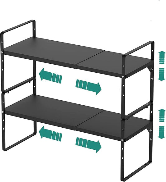 SUZLON Expandable Cabinet Shelf Organizer Rack, Stackable Kitchen Counter Storage Shelves Stand, Adjustable Height Pantry Shelf Spice Rack, Heavy Duty Nonslip Black Small 2Pack by Suzlon