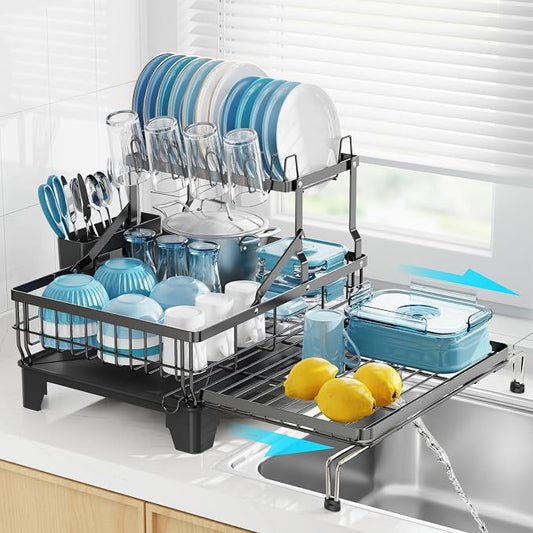 Large 2 Tier Dish Drying Rack - Expandable Over Sink & Counter Use | Extendable Drying Space, Auto-Drain Spout, Stable Screw-Fixed Frame, Cup & Utensil Holder, Rust-Resistant Kitchen Rack, Black by GSlife