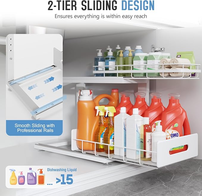 Under Sink Organizer Upgrade To Professional Rails,2-Tier Dual Pull Out Cabinet Storage,Height Adjustable Slide Out Drawers For Bathroom Kitchen,2 Pack-18.5"Dx12.8"-16.9"H,White - Image 5