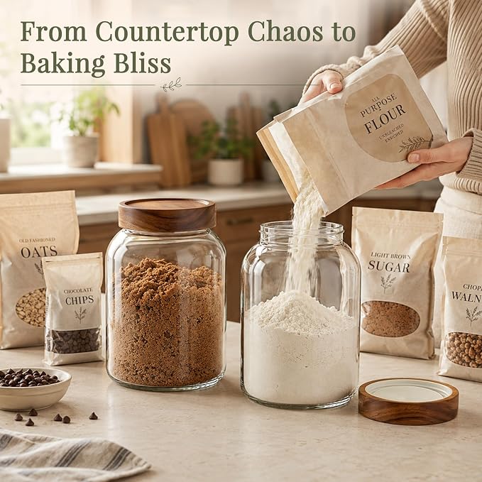 CONNOO 2Pcs-66oz Glass Storage Containers with Lids | Acacia Wood Lids, Keep Pantry Organized with Flour, Sugar, Coffee Beans, Pasta, Cereal & Dry Foods, Includes 120 Labels - Image 2