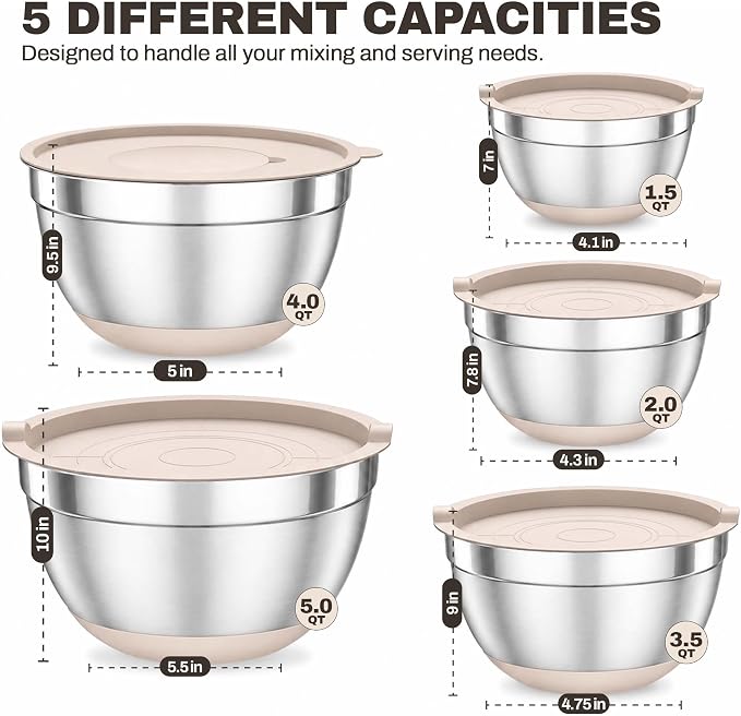 Four Flowers Heavy-Duty Mixing Bowls Set with airtight lids – 11 PCS Stainless Steel Nesting Kitchen Bowls, Mixing Bowls with Non-Slip Bottoms and Grater Attachment, Best for Mixing and Serving - Image 2