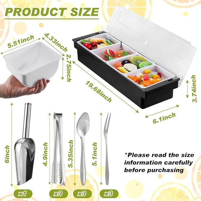 Tessco for you Garnish Tray with Lid Bar Caddy Ice Cooled Condiment Serving Container with Ice Scoop Metal Mini Serving Tongs Fruit Fork Spoons for Food Home Party Kitchen(Plastic,4 Grids) - Image 2