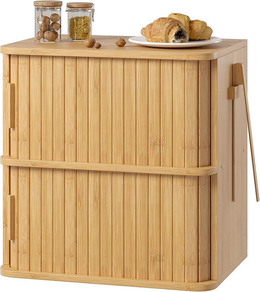 WOWLIVE 2-Tier Roll Top Bread Box for Kitchen Countertop Storage Cabinet | Double Layer Bamboo Bread Boxes with Sliding Doors, Extra Large Bread Storage Cabinet for Loaves & Pastries, Natural by WOWLIVE