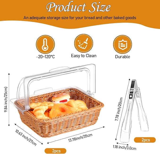 2 Set Wicker Bread Baskets for Serving with Clear Acrylic Roll Top Lid Woven Rattan Bread Basket Large for Fruit Food Picnic Summer Pool Party Outdoor BBQ(13.78 x 10.63 Inch,1 Compartment) - Image 2