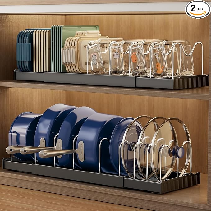 Magheo 2 Pack Expandable Food Storage Container Lid Organizers, 22" Pots and Pans Organizer Under Cabinet with 9 Adjustable Dividers Pot and Pan Lid Holders Rack Inside Cabinet(Black) by MAGHEO
