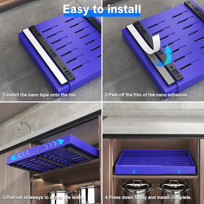 Mustorn 2 Pack Pull Out Cabinet Organizer, Expandable Slide Out Drawers for Kitchen Cabinets Peel and Stick Pullout Drawer Heavy Duty Sliding Shelves for Cupboard, Pantry, Bathroom(16.5" Deep, Blue) - Image 8