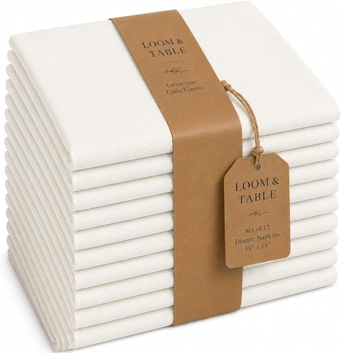 Cedar Cream Cloth Napkins by Loom & Table - Set of 12 - Elegant, Wrinkle-Resistant, Machine Washable – Luxury Napkin for Dining Room, Weddings, Dinner Parties, Holidays, Birthdays - 18 X 18 by LoomandTable