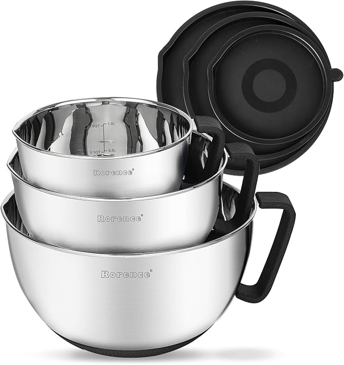 Stainless Steel Mixing Bowls Set with Lids,1.5,3 & 5 Qt,Black | Non-Slip Silicone Base,Precision Pour Spout,Ergonomic Easy-Grip Handle,Measurement Marks,Airtight Lids,Cooking & Meal Prep by Rorence