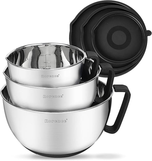 Stainless Steel Mixing Bowls Set with Lids,1.5,3 & 5 Qt,Black | Non-Slip Silicone Base,Precision Pour Spout,Ergonomic Easy-Grip Handle,Measurement Marks,Airtight Lids,Cooking & Meal Prep by Rorence
