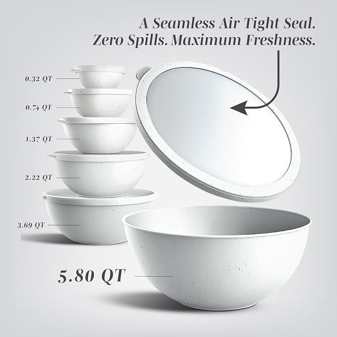 COOK WITH COLOR Mixing Bowls with TPR Lids - 12 Piece Plastic Nesting Bowls Set includes 6 Prep Bowls and 6 Lids, Microwave Safe Mixing Bowl Set (Speckled White) - Image 2