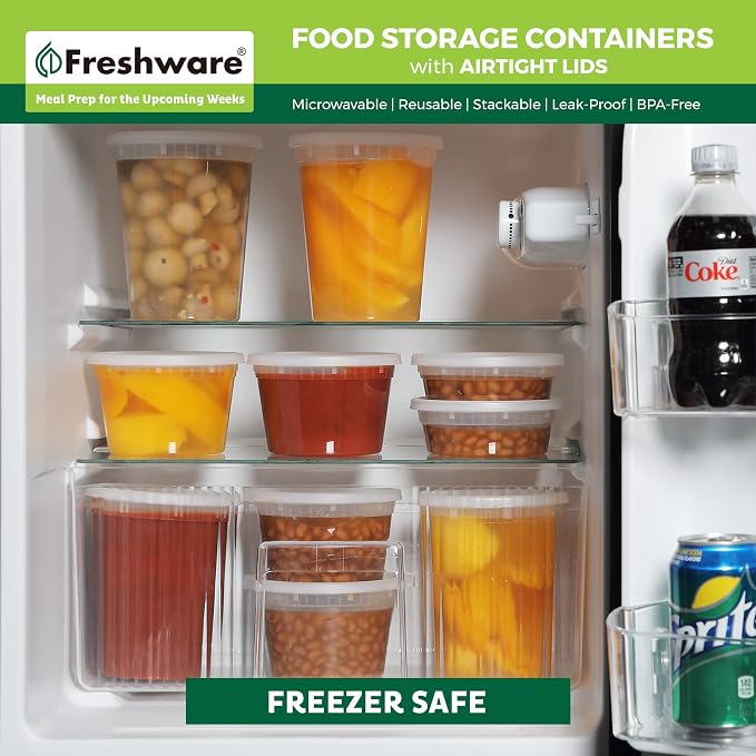 Freshware [60 Count] 8, 16, 32 oz, 20 sets each size Food Storage Containers with Lids,Plastic Deli Containers, Meal Prep Containers, Microwave and Freezer Safe,Stackable, Leakproof, BPA Free, Clear - Image 7