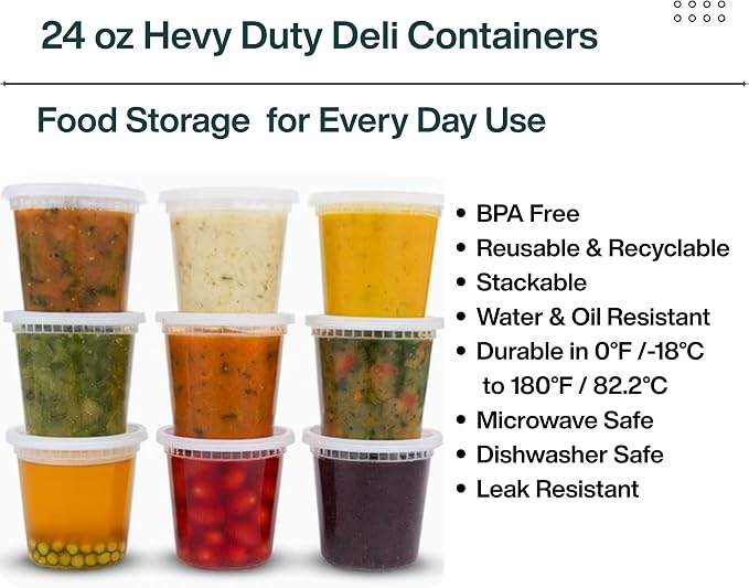 24oz [30 set] Heavy Duty Plastic Deli Container | BPA-Free Food Storage with Airtight Leak‑Proof Lids | Microwave, Freezer & Dishwasher Safe – Stackable, Bulk Reusable Soup & Meal Prep Tub - Image 5