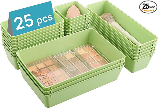 Vtopmart 25 Pack Plastic Drawer Organizers with Non-slip Rubber Pads | 4-Size Versatile Makeup Organizer, Storage Containers Small Bins for Makeup, Jewelries, Bedroom, Kitchen Utensils and Office by Vtopmart
