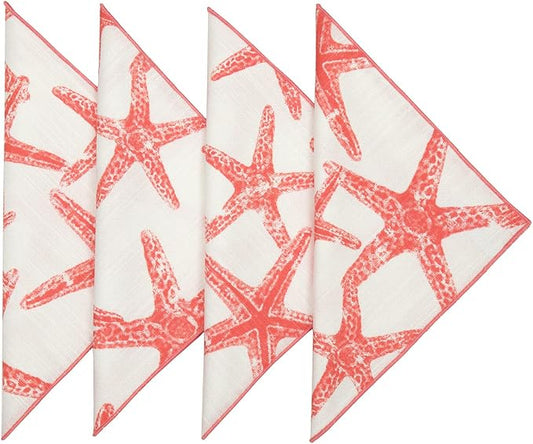 Cloth Napkins 100% Cotton Fabric Linen Napkin for Beach Wedding Reception Table Decor, Party Ideas, Coral Red Starfish Coastal Tablescapes 18" x 18" Dinner, Set of 4 by DECORATIVETHINGS