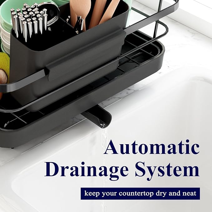 Kitsure Dish Drying Rack for Kitchen Counter, 12.2''W x 15.7''~23''L, Black | Stainless Steel Sink Organization, Cutlery Holder, Home and Appartment Decor - Image 7