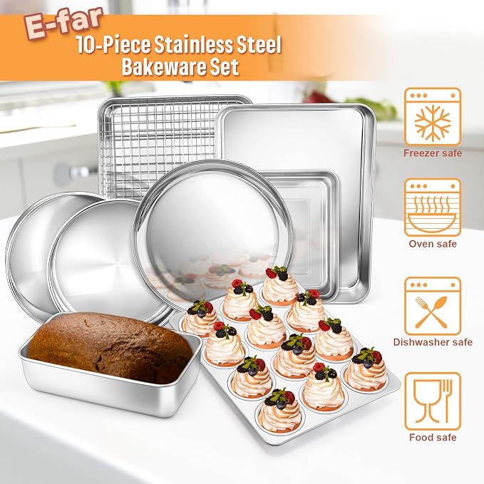 E-far 10-Piece Baking Pans set, Stainless Steel Bakeware Set for Oven, Include Cake Pan/Baking Cookie Sheet/Pizza/Muffin/Loaf Pan, Non-Toxic & Heavy Duty, Dishwasher Safe - Image 3