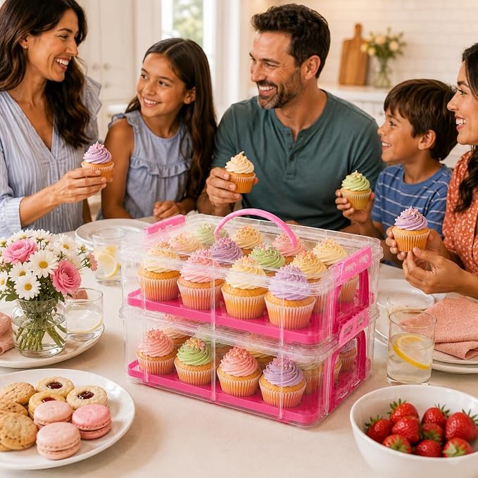 Cupcake Carrier Stackable Storage Container Collapsible Cake Carrier with Lid and Handle, with 50 PCS Cupcake liners,Reusable Plastic Dessert Travel Container,Transport Box (24 Cupcakes Pink) - Image 7