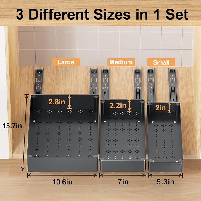 Delamu 3 Pack Pull Out Cabinet Organizer, 15.7" Deep Pull Out Drawers for Cabinets, Slide Out Drawers for Kitchen Cabinets, Bathroom Cabinet Organizer, Pantry (Black) - Image 2