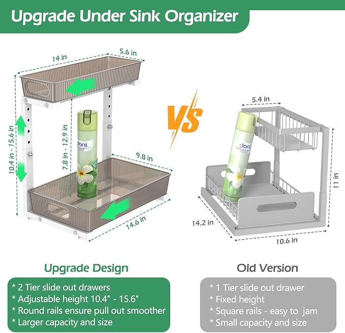 ADRIMER Under Sink Organizer 2 Packs, Pull Out Kitchen Sink Organizer, 2 Tier Slide Out Kitchen Organizers and Storage Bathroom Under Cabinet Storage Shelf, Grey & White - Image 3