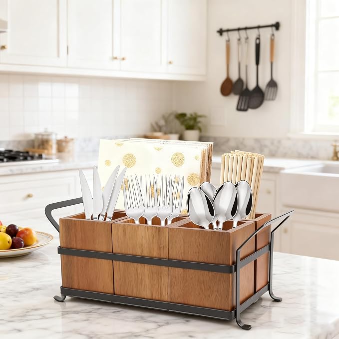 Silverware Caddy Acacia Wood Silverware holder for Party Utensil Caddy with Metal Handle Paper Plate Organizer Cutlery Holder Flatware Organizer for Spoons Forks Napkins - Image 5