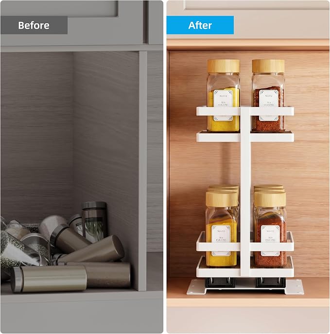 Pull Out Spice Rack 4Pcs Metal & Wood Seasoning Organizer White | No-Drill Install | Full-Extension Silent Glide | Each Tier Holds 10–12 Standard Spice Bottles | Rustproof, Wipe-Clean Surface - Image 9