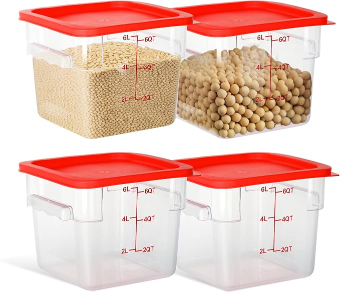 4 Pack 6QT Square Food Storage Containers with Lids | Clear NSF polycarbonate containers with scale, label and measuring cup, stackable for prep, storage, freezer. Dishwasher safe by STEELUS