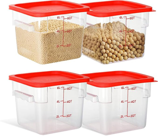 4 Pack 6QT Square Food Storage Containers with Lids | Clear NSF polycarbonate containers with scale, label and measuring cup, stackable for prep, storage, freezer. Dishwasher safe by STEELUS