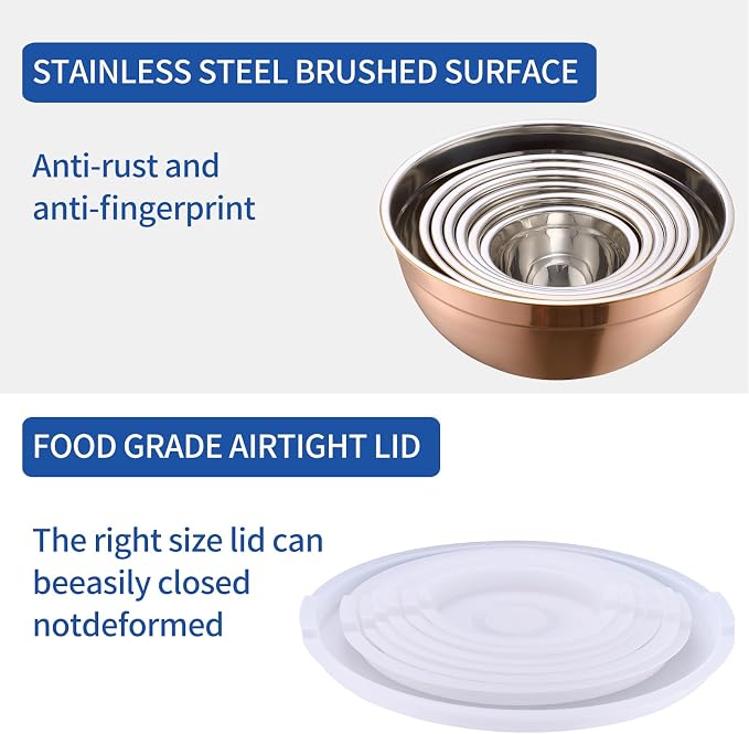 Rose Gold Mixing Bowls With Airtight Lids,Stainless Steel Bowl,Salad Bowls 7 Piece Colorful Nesting Bowl Rose Gold Kitchen Accessories,Size 7,3.6,2.7,2.1,1.5,1.1,0.8QT Stackable Design - Image 4