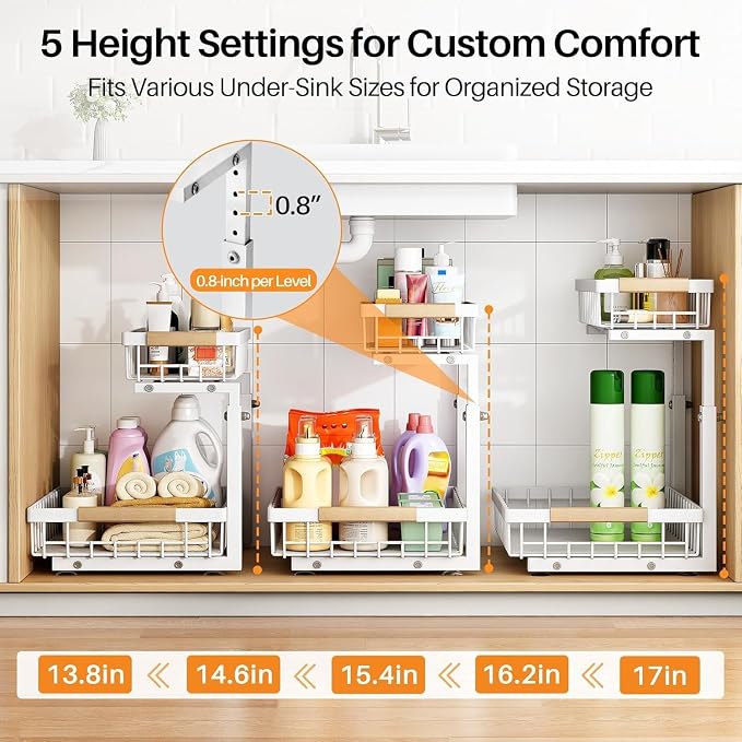 PXRACK Under Sink Organizer, Adjustable Height, 2 Tier Pull Out Under Cabinet Organizer, Slide Out Thickened Metal Under Sink Storage for Kitchen Bathroom Laundry Pantry Cabinet, White, Large-1-Pack - Image 5