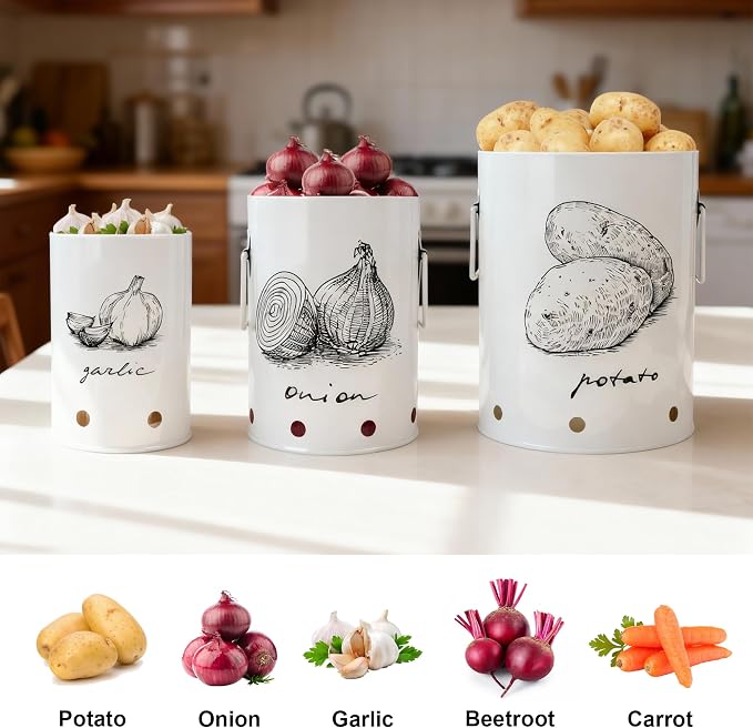 Kitchen Potato and Onion Storage Bin,Metal Vegetable Storage Bins Set of 3 with Aerating Holes and Lids,Farmhouse Canisters Sets for the Kitchen Countertop (1, Circular) - Image 5