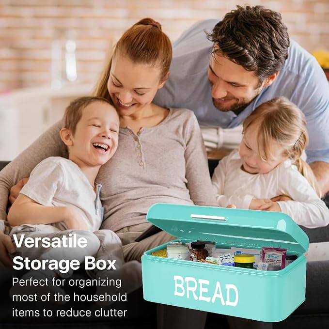 Flexzion Large Vintage Metal Bread Box for Kitchen Countertop, Turquoise | Bread Bin Storage Set Includes a White Butter Dish and Stainless Steel Butter Knife - Image 5