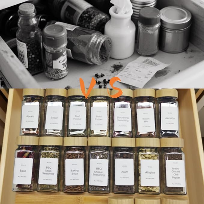 Spice Drawer Organizer with 28 Bamboo-lidded Spice Jars and 216 Labels,Non-slip Rubber, Bamboo 4 Tier Spice Racks Tray Seasoning Containers for Kitchen Drawers,Cabinets,13" Wide * 15.8" Deep - Image 8