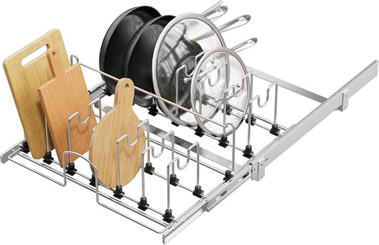 Pull Out Pots and Pans Organizer Under Cabinet, Sliding Adjustable Pot Rack with 15 Adjustable Dividers, Chrome-Plated Pot and Pan Holder Rack, Full-Extension Rail for Kitchen Organization 20" W*22" D by STORKING