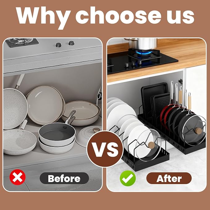 2 Pcs Pots and Pans Organizer Under Cabinet - Expandable Pull out Cabinet Organizer for Pots and Pans, Pan and Lid Organizers Inside Cabinet, Adjustable Storage Rack, Carbon Steel (Black) - Image 6