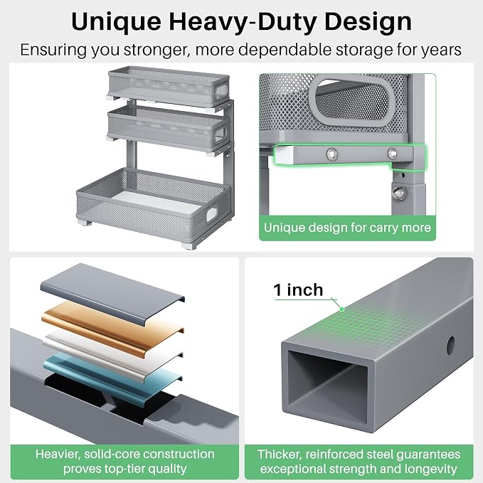 Kitstorack Under Sink Organizer, 1-Pack 3-Tier Height Adjustable Thickened Metal Pull out Cabinet Organizer Shelf, Slide out Storage Drawer Rack for Bathroom Kitchen Pantry Home Organization, Grey - Image 5