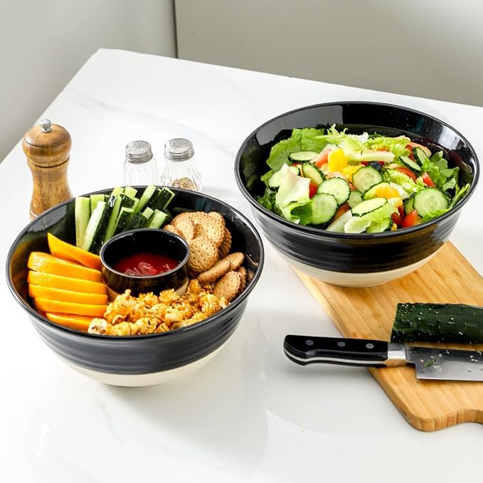 HASENSE Large Ceramic Serving Bowls Set of 2, 84 Oz 9 Inch Black & Beige Stoneware Mixing Bowls, Farmhouse Bowls for Salad, Soup, Popcorn & Baking, Dishwasher & Microwave Safe - Image 4