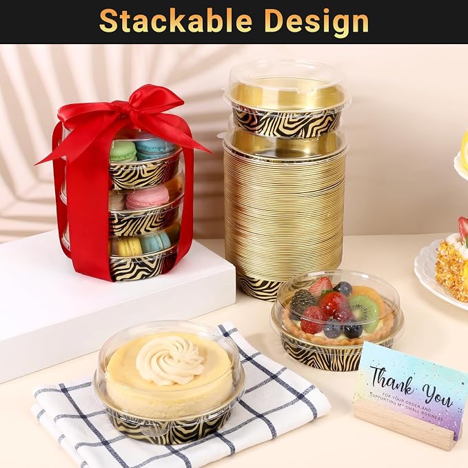 Beasea 4 Inch Pie Tins with Lids, 50 Pack 7.3 Oz Disposable Mini Tart Tins, Aluminum Foil Baking Tins Small Round Muffin Container Mini Cheesecake Cups for Pie Tart Quiche - Tiger Stripes - Image 4