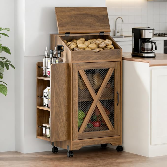 AwayHome Potato Storage Bin, Large Wood Bread Box with Lid, Movable Potato and Onion Storage Bin with Side Spice Rack, Decorative Fruit and Vegetable Organizer Cabinet for Kitchen by AwayHome