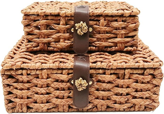 Set of 2 Seagrass Storage Boxes with Lid | Rectangular woven shelf baskets for table home decor & daily organization by Divtada