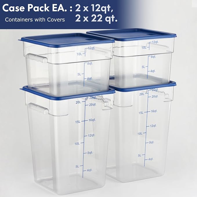 4-Pack Food Storage Containers with Blue Lids - 12 Qt & 22 Qt Square Clear Polycarbonate - NSF Listed, Commercial Grade, Freezer & Dishwasher Safe, Stackable - Image 3