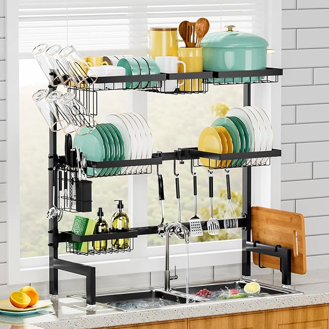 Over The Sink Dish Drying Rack,Expandable Length 3-Tier Large Stainless Steel Over The Sink Dish Rack with 6 Baskets, Utensil Holder Dish Drainers for Kitchen Counter | Stainless Steel, with 6 Baskets & Utensil Holder, for Kitchen Counter, Black by HOWDIA