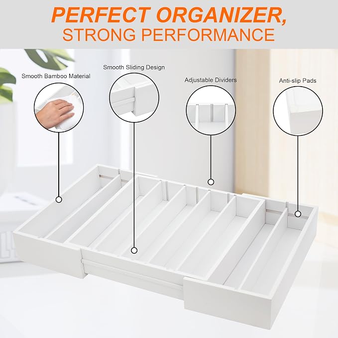 MinBoo Bamboo Drawer Organizer - Expandable K Cup & Pods Holder, Coffee Pod Storage, Tea Organizer, Versatile Kitchen Accessory Organization and Storage,White - Image 7